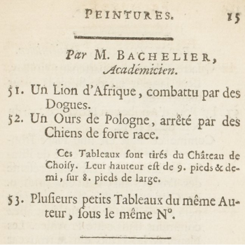 A printed sheet with writing in French reading 'peintures' and a list of figures.