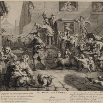A print of a street scene showing a woman handling two dogs in the foreground on the left, in the centre behind her is a coach pulled by the horse (its back visible). Lots of people clamour after the coach and a small bear pulls alongside it, with two dogs leaping out from the front right of the image. Below the engraving is a poem in French.