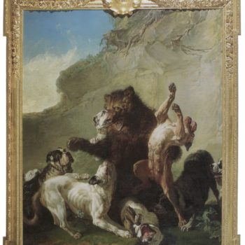 A large bear stands on its hind legs, shaking off a dog whose belly is exposed on the right and another white dog holding its shoulder. A white thin dog and a large bulldog stand in the left looking up at the bear. In the background there are cliffs, painted in a romantic high-art fashion.