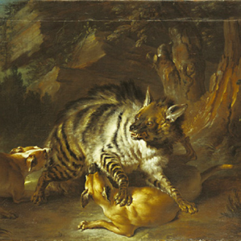 A striped furry animal like a hyena looks to its right angrily as a dog bites its hind leg, another dog bites its underside. The background is a wooded rural scene painted in a high art realist style.