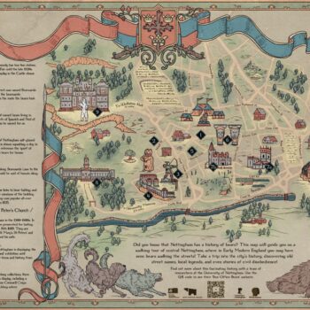 A drawn map of Nottingham showing several numbered locations withs bears drawn near them, as well as dogs in the bottom left and a bear in the bottom right. On the left is a list of locations that serves as a key: Old Market Square, Mount Street, Robin hood, Nottingham Castle, hounds Gate, Bridlesmith Gate, St Mary's Church / St Peter's Church / Sneinton, Museum of Archaeology, and Wollaton Hall.