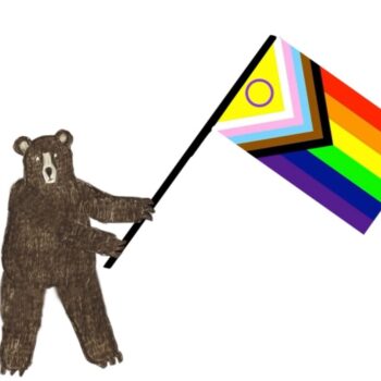 A cartoon bear holds a multicoloured LGBTQIA+ flag